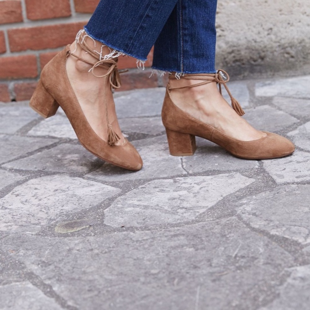 Sezane Valentina ankle tie blush suede block heels